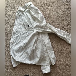 STUSSY- striped button up shirt- white- M